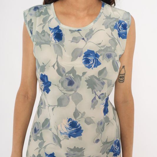 90s Steps Blue Rose Watercolor Midi Dress Ivory Chiffon Cap Sleeve Small S