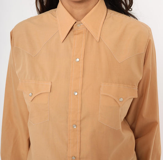 80s Western Fashions Pearl Snap Shirt Peach Cotton Pointed Collar Yoke Small