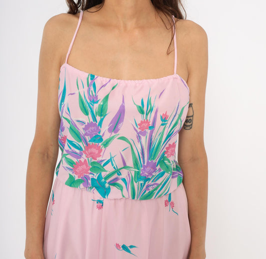 70s Floral Sundress Pink Purple Tropical Print Handkerchief Hem Medium