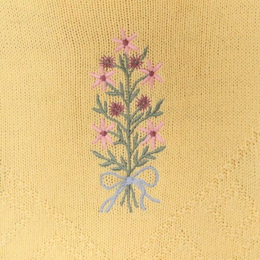 80s Liz Thomas Embroidered Floral Bouquet Knit Pullover Yellow Medium M