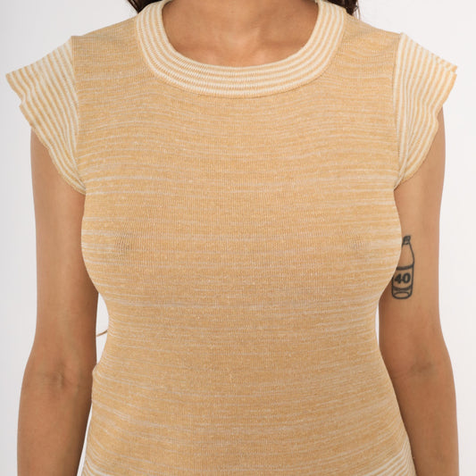 70s Tan Cream Striped Knit Top Cap Sleeve Scoop Neck Small S