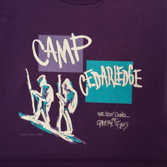 90s Girl Scout Camp Cedarledge Graphic Tee Purple Hiking Print Large L