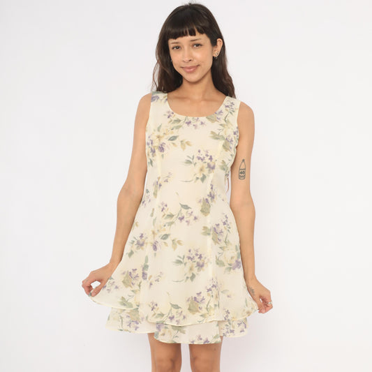90s Scarlett Floral Chiffon Mini Dress Cream Crossback Scoop Neck Small S