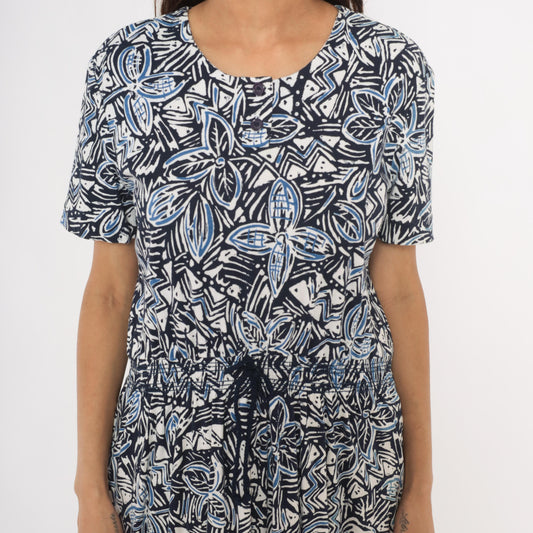 90s Via Sant Andrea Navy Floral Midi Dress Cotton Henley Button Short Sleeve Large L