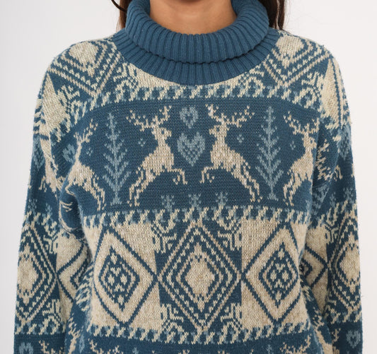 90s United States Sweaters Reindeer Fair Isle Turtleneck Blue Cream Small