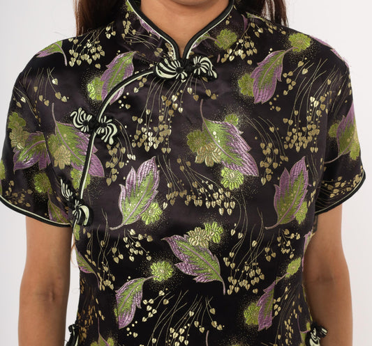 90s Mimi Cheongsam Top Black Brocade Floral Mandarin Collar Plus Size XXL