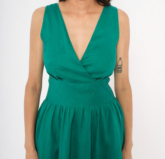 80s Kenar 2 Teal Linen Midi Dress Surplice V-Neck Sleeveless Small S