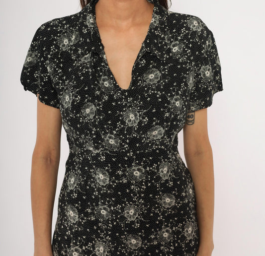 90s Scarlett Black Floral Maxi Dress White Dotted Short Sleeve Collared Large L