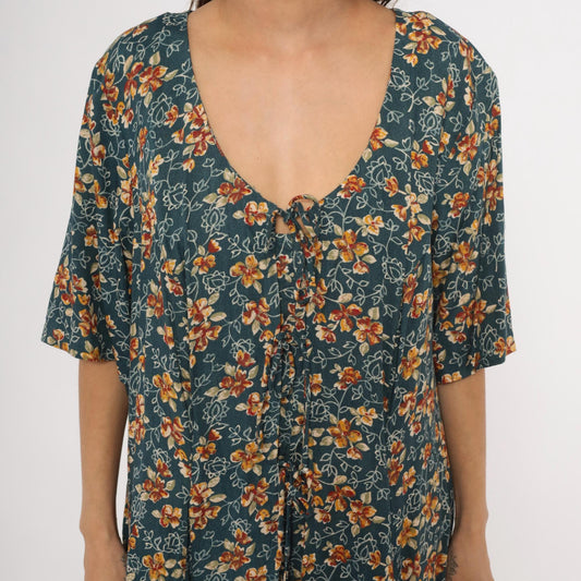90s The Avenue Floral Midi Dress Teal Orange Flutter Sleeve Tie Front XXL