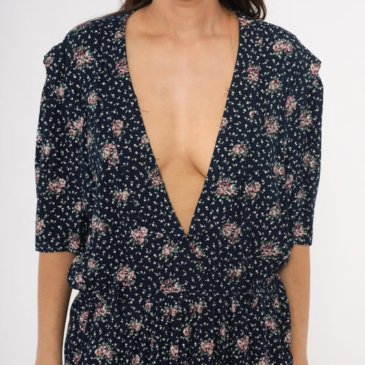 90s Navy Floral Midi Dress Pink Rose Print Deep V Neck Short Sleeve XL