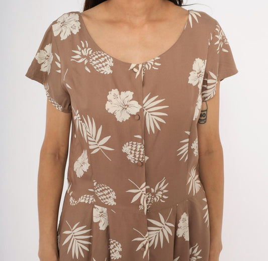 80s Apart Tropical Hibiscus Maxi Dress Tan Cream Cap Sleeve Medium M