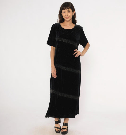 90s Jessica Howard Black Velvet Maxi Dress Glitter Scoop Neck Short Sleeve Large L
