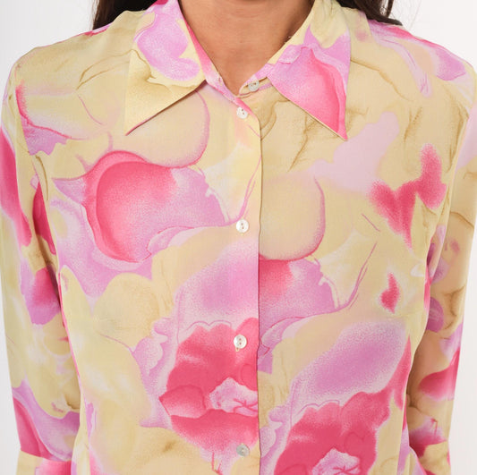 90s Caviar Watercolor Floral Sheer Blouse Pink Pointed Collar Small