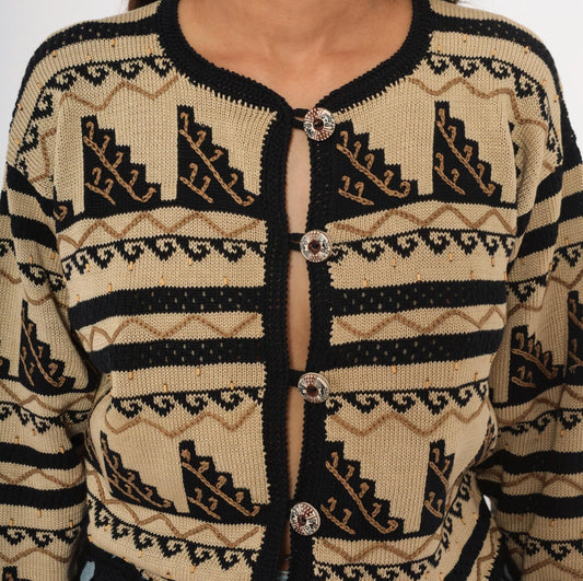 2000s Peruvian Connection Cardigan Cream Black Geometric Fringe Pima Cotton Medium M