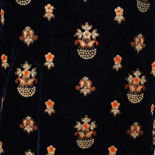 90s Navy Velvet Shift Dress Embroidered Floral Beaded Gold Orange Medium