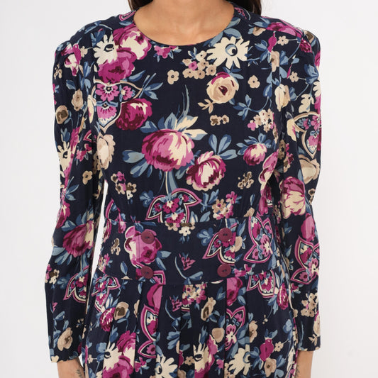 80s Karin Stevens Floral Midi Dress Navy Puff Sleeve Pleated Medium M