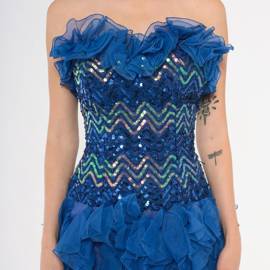 80s Cobalt Sequin Strapless Dress Chevron Sweetheart Corset Ruffle Extra Small XS