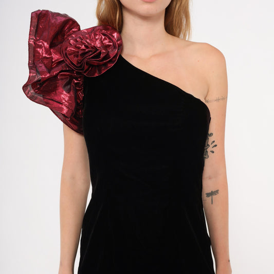 90s ZumZum Black Velvet One-Shoulder Cocktail Dress Burgundy Rosette Small