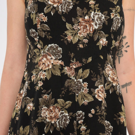 90s All That Jazz Floral Mini Dress Black Rose Print Sleeveless Small S