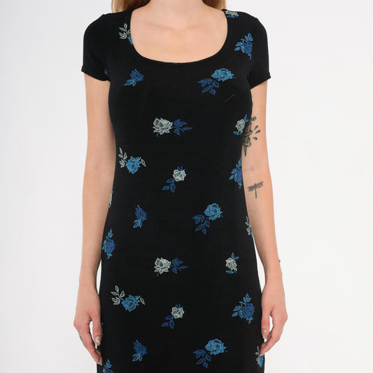 90s Jalate Black Floral Maxi Dress Blue Rose Print Side Slit Medium