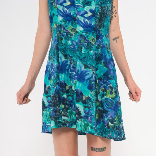 90s All That Jazz Floral Crossback Mini Dress Teal Sweetheart Neckline Small