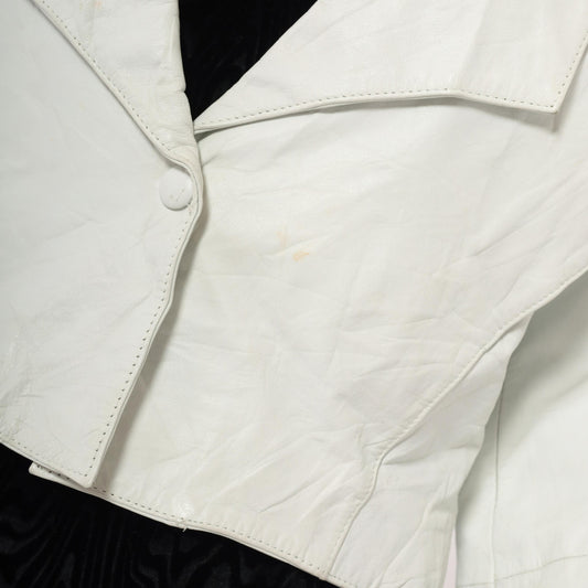 90s Chia Cropped Leather Jacket White Snap Front Batwing Sleeve Medium