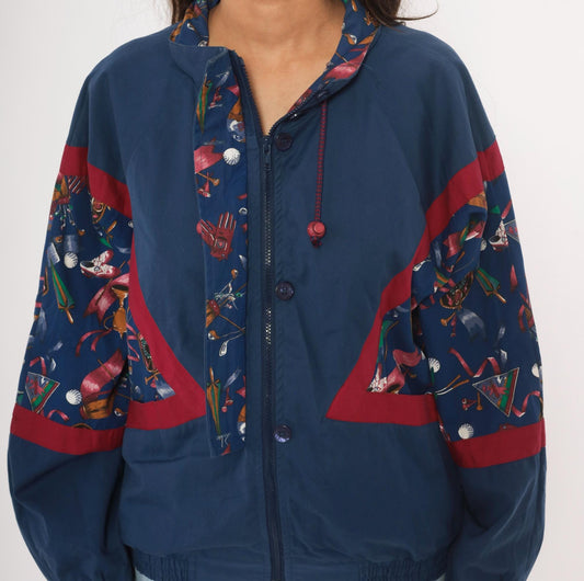 90s Line-Up Golf Print Windbreaker Navy Nylon Jacket Red Color Block Medium