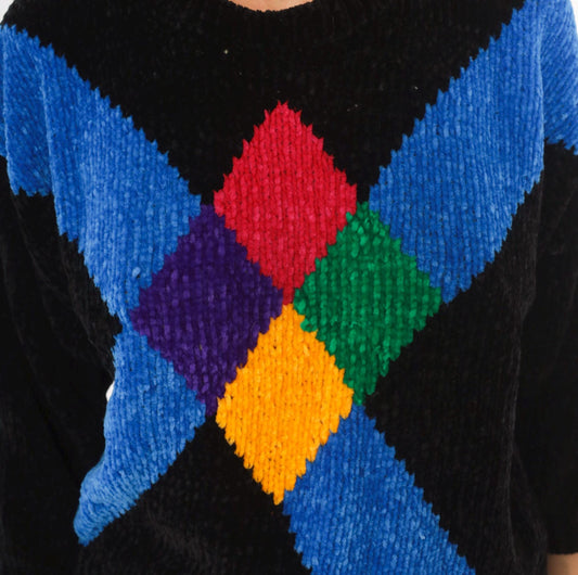 80s Cristina's Argyle Chenille Knit Pullover Black Multicolor Small