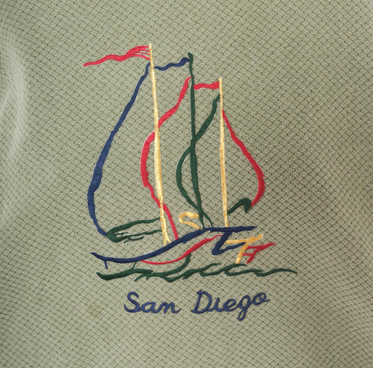 90s San Diego Sailboat Embroidered Waffle Knit Sweatshirt Olive Large L