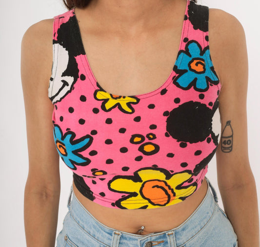 90s Mickey & Co Crop Tank Top Pink Floral Polka Dot Small S