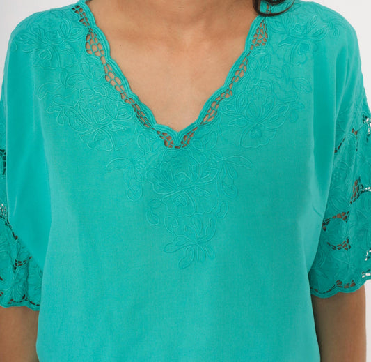 80s Bali Emerald Teal Cutwork Lace Blouse Floral Embroidered V-Neck