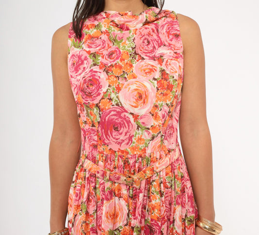 60s Kleinerts Rose Print Dress Pink Coral Floral Sleeveless Cotton Small