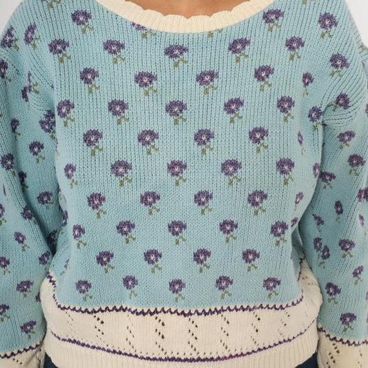 80s Light Blue Floral Knit Sweater Puff Sleeve Pointelle Trim Cotton Medium
