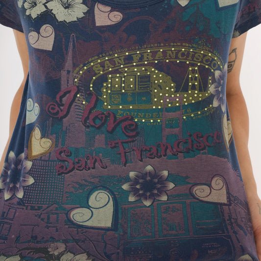 Y2K San Francisco Graphic Tee Vintage Suzie Floral Heart Studded Navy Purple Petite Medium