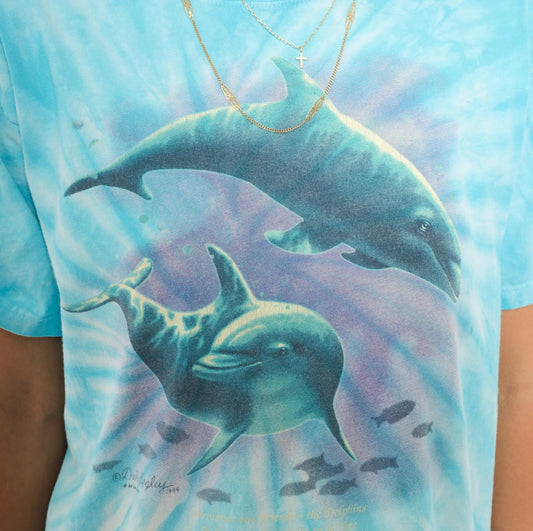 90s Anvil Tie Dye Dolphin Graphic Tee Aqua Purple Ocean Large L