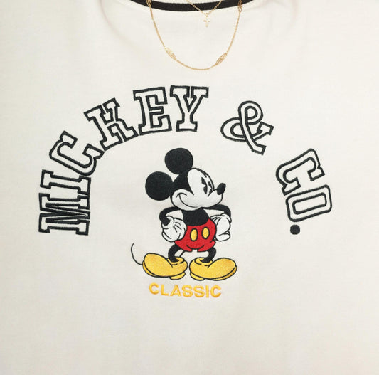 90s Mickey & Co Embroidered Crewneck Sweatshirt White Black Stripe Large
