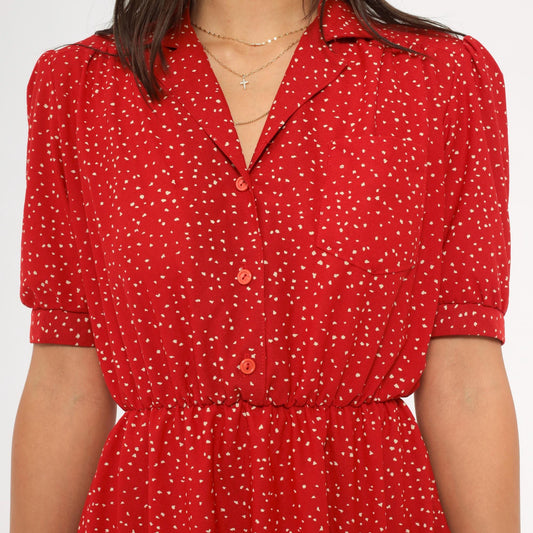 80s Red Speckled Dot Shirtdress White Print Puff Sleeve Knee Length Small