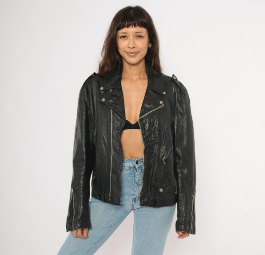 90s Black Leather Moto Jacket Asymmetrical Zip Biker Coat Medium M