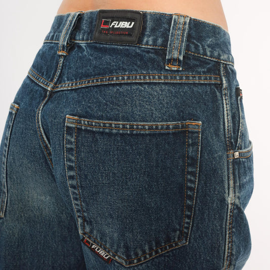 Fubu Baggy Jeans 2000s Dark Wash Denim Straight Leg Y2K Medium M