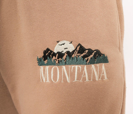 Y2K Montana Embroidered Joggers Tan Fleece Tapered Cuffed Small S