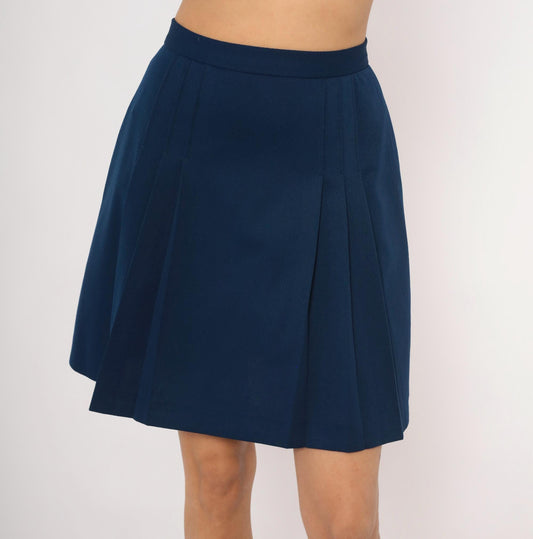 70s Navy Pleated A-Line Skirt High Waist Knee-Length Small