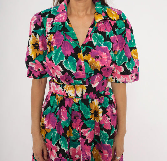 90s Ultra Dress Floral Midi Shirtdress Belted Notch Collar Multicolor Extra Large XL