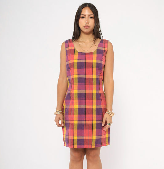 90s For Petes Sake Plaid Mini Dress Linen Scoop Neck Purple Yellow Pink Small