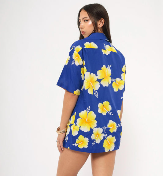 90s Hawaiian Hibiscus Camp Collar Shirt Cobalt Blue Yellow Floral Medium
