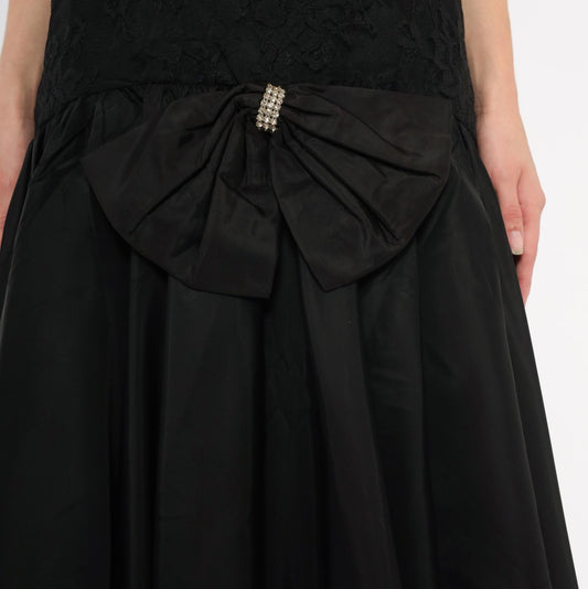 80s Jolie Madame Black Strapless Gown Lace Bodice Rhinestone Trim Small