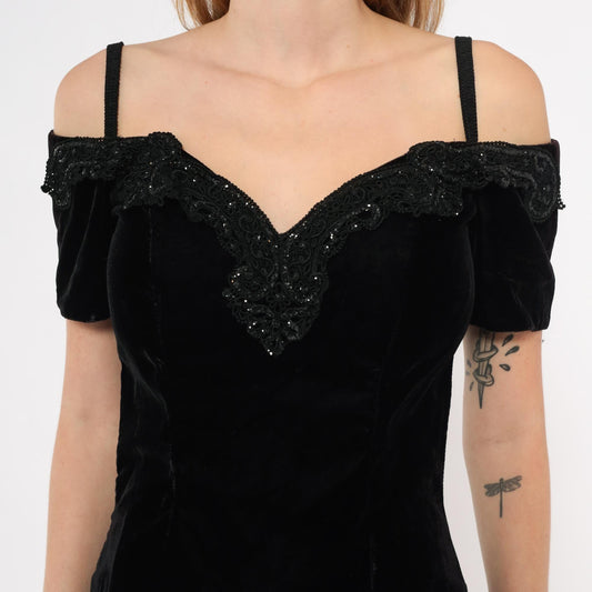 90s Rampage Black Velvet Maxi Gown Beaded Lace Off-Shoulder Extra Small XS