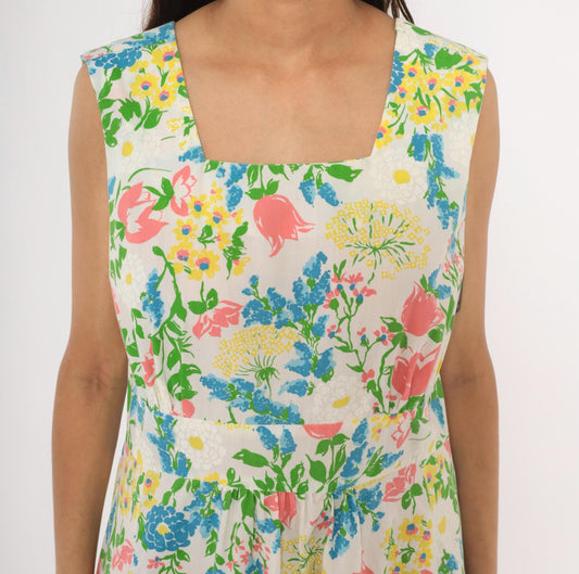 70s New Perspective Floral Midi Sundress Square Neck Pleated Cotton Pink Blue Large L
