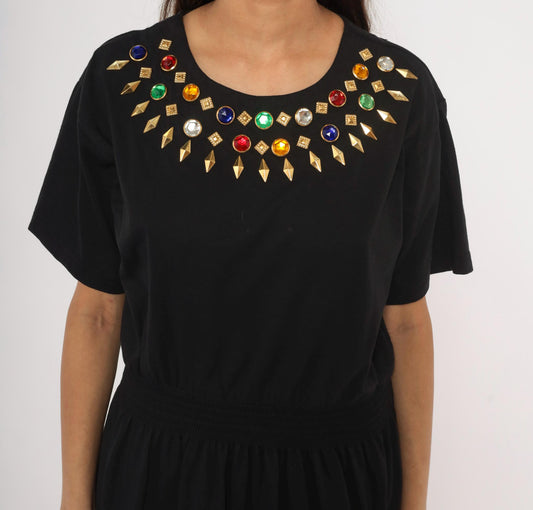 90s Cervelle Black Knee-Length Dress Rhinestone Jeweled Neckline Cotton Large L