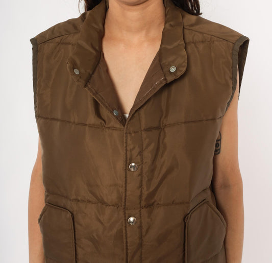 80s Brown Quilted Puffer Vest Snap Front Sleeveless Jacket Large L