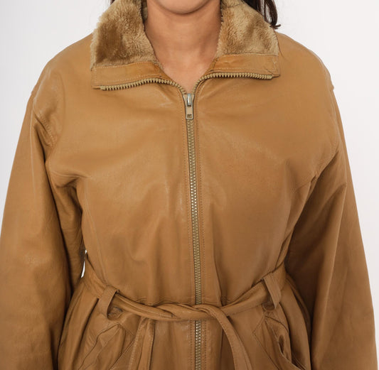 2000s Mny Tan Leather Jacket Fur-Trimmed Collar Belted Hip-Length Small S